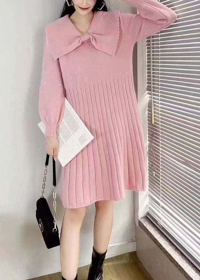 Pink Bow Wrinkled Knit Sweater Dress Winter