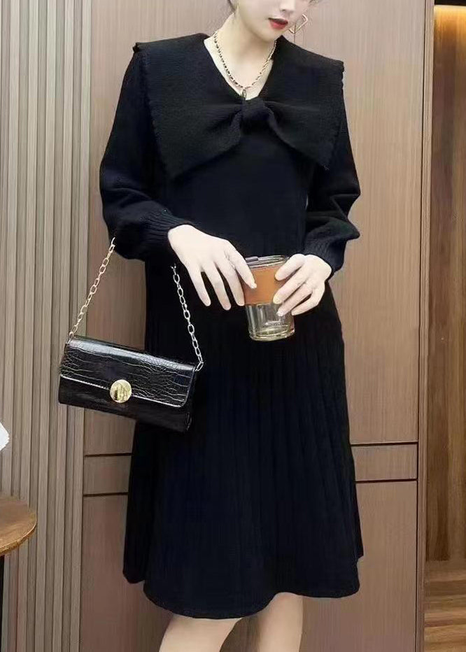 Pink Bow Wrinkled Knit Sweater Dress Winter