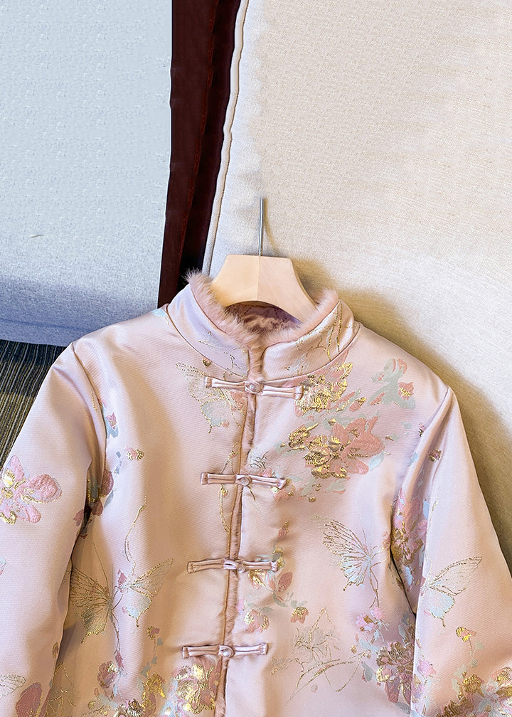 Pink Button Fluffy Patchwork Thick Parkas Winter