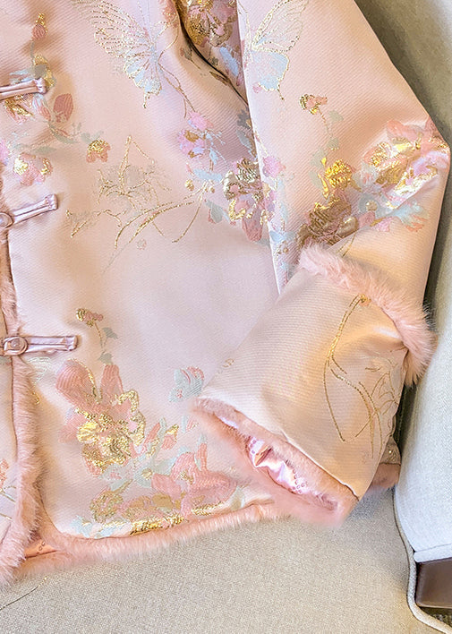 Pink Button Fluffy Patchwork Thick Parkas Winter