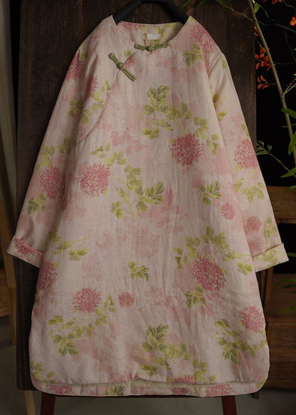 Pink Chinese Button Print Side Open Cotton Filled Dress Spring