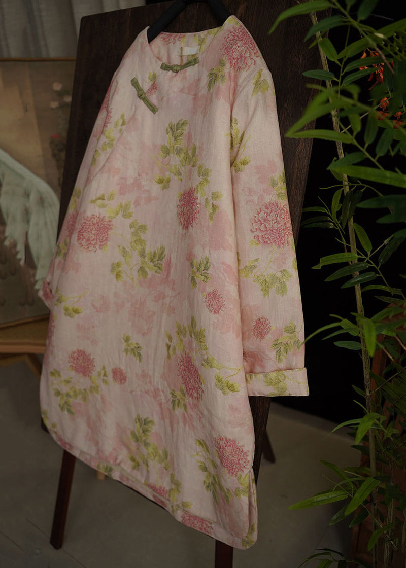 Pink Chinese Button Print Side Open Cotton Filled Dress Spring