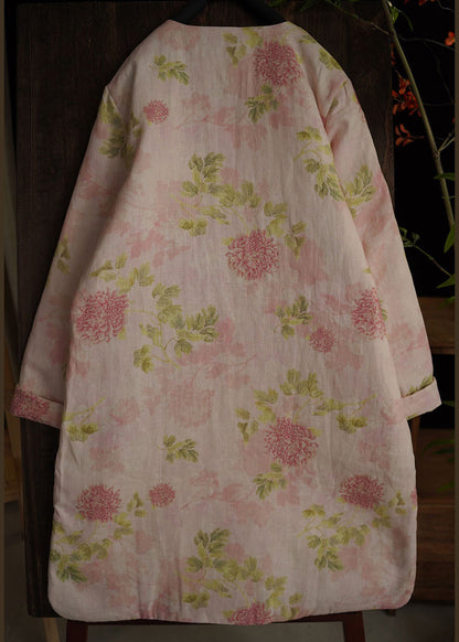 Pink Chinese Button Print Side Open Cotton Filled Dress Spring