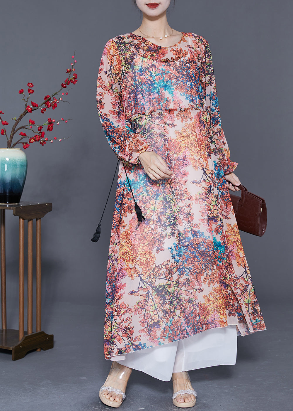 Pink Cinched Print Chiffon Beach Dresses Summer