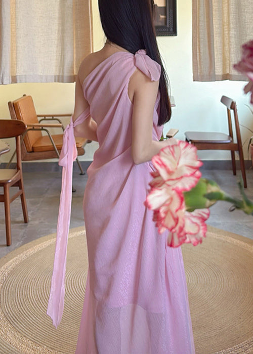 Pink Cold Shoulder Lace Up Chiffon Long Dress Sleeveless