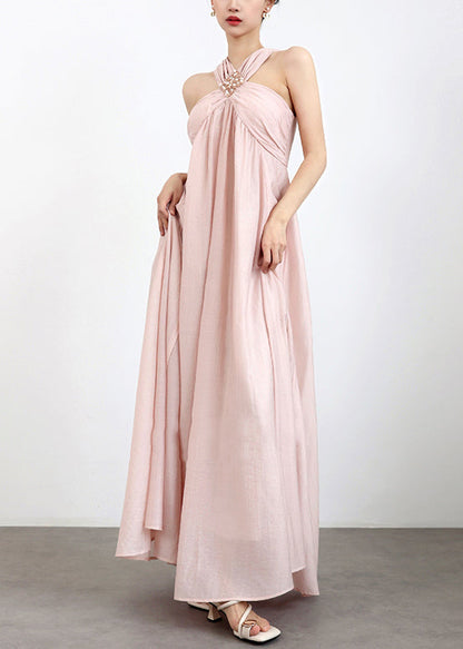 Pink Cold Shoulder Pearl Cotton Maxi Dresses Sleeveless