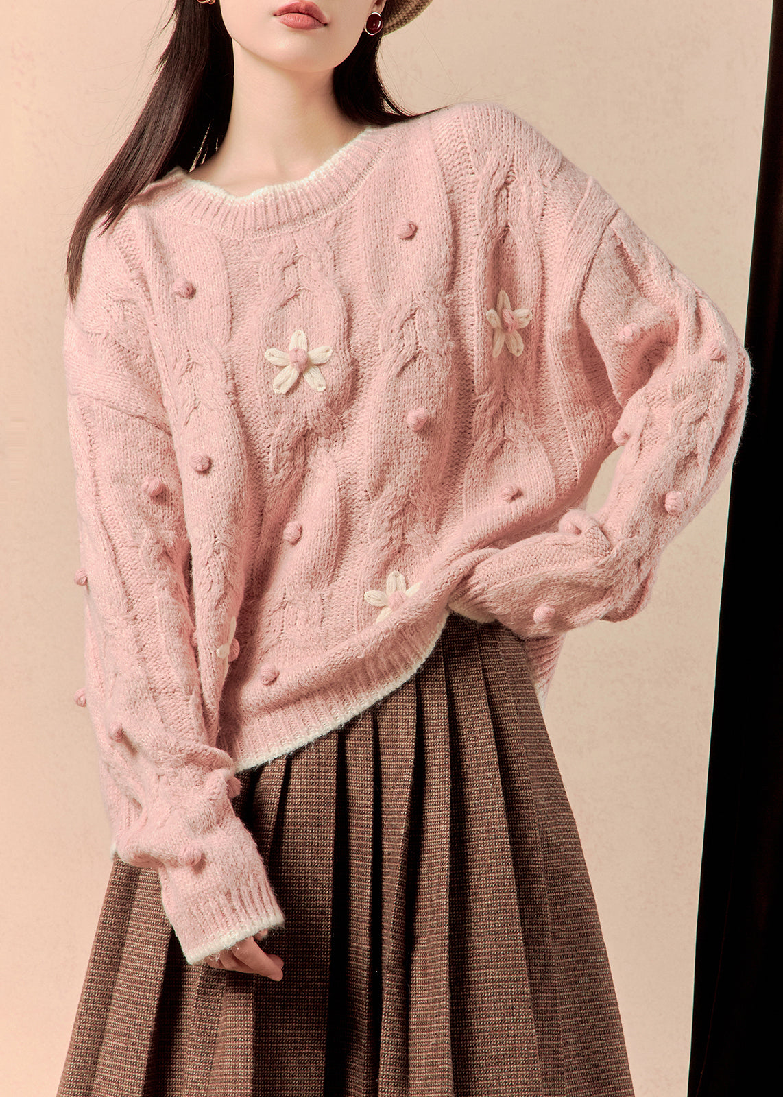 Pink Cozy Cotton Knit Sweaters O Neck Spring