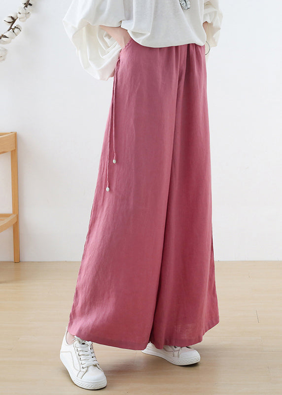 Pink Elastic Waist Pockets Linen Wide Leg Pants Fall
