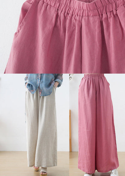 Pink Elastic Waist Pockets Linen Wide Leg Pants Fall