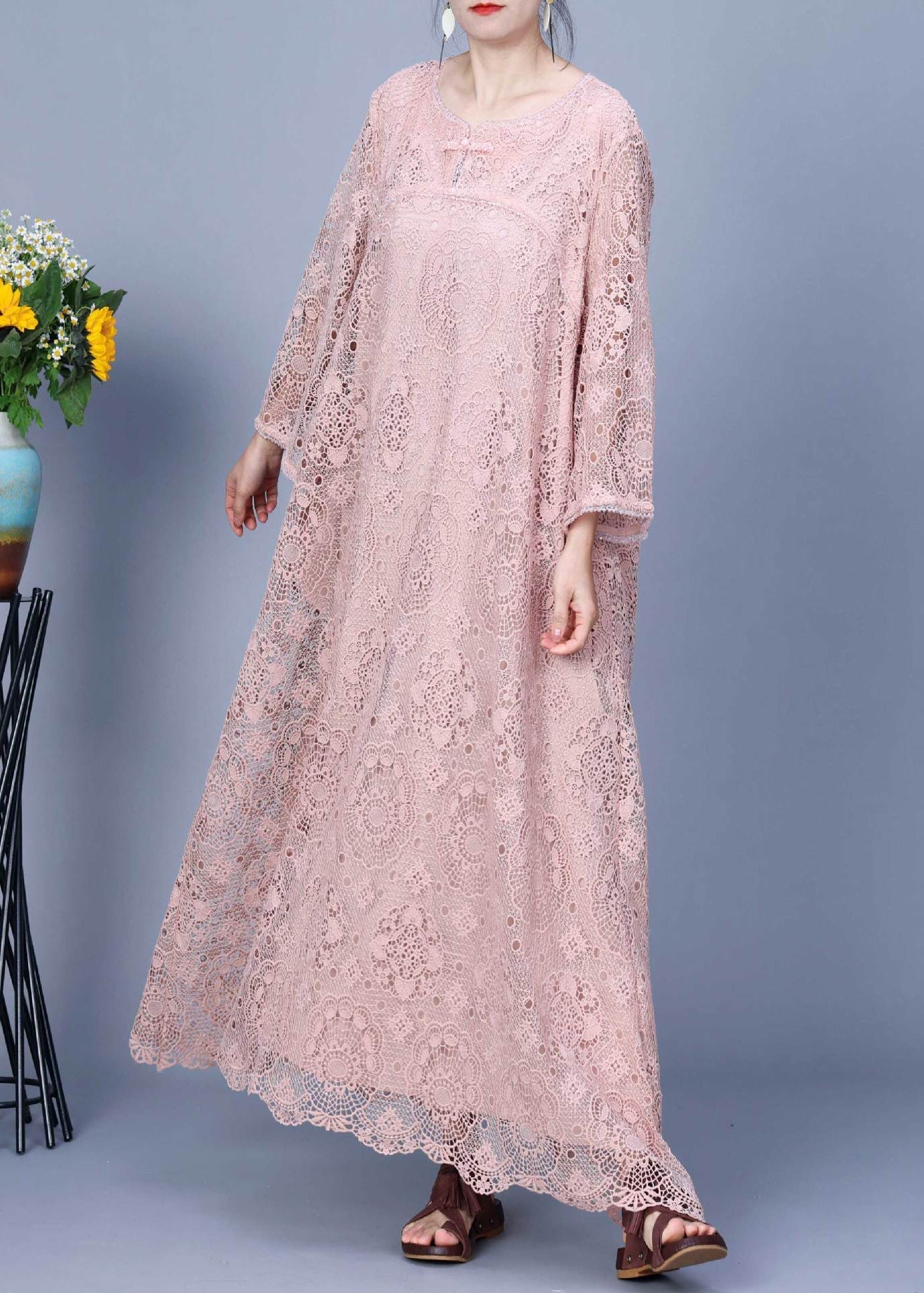 Pink Embroidered Hollow Out Lace Long Dress Spring