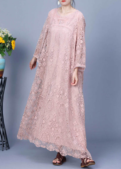 Pink Embroidered Hollow Out Lace Long Dress Spring
