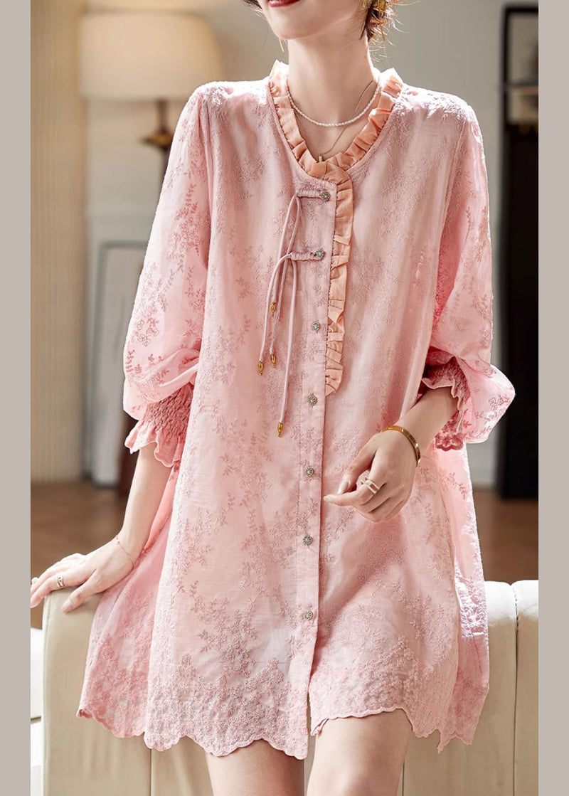 Pink Embroidered Ruffled Patchwor Button Mid Shirt Dresses Fall