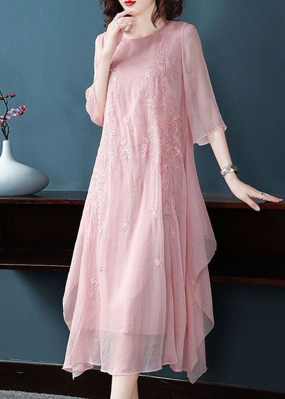 Pink Embroideried Exra Large Hem Chiffon Dress Summer