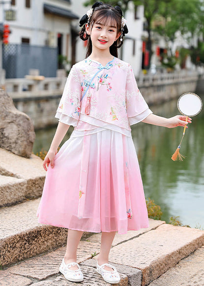 Pink Embroideried Patchwork Tassel Chiffon Long Dresses Short Sleeve