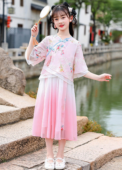 Pink Embroideried Patchwork Tassel Chiffon Long Dresses Short Sleeve