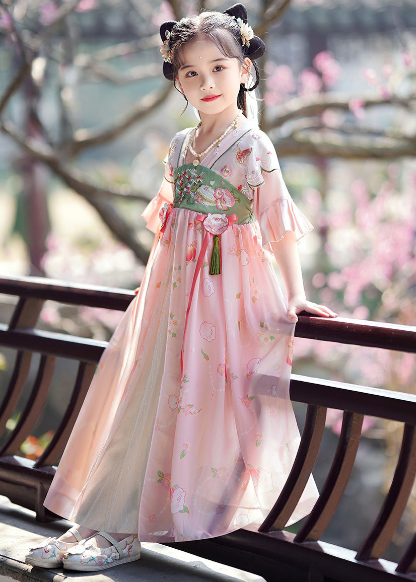 Pink Embroideried Patchwork Tassel Maxi Dresses Flare Sleeve