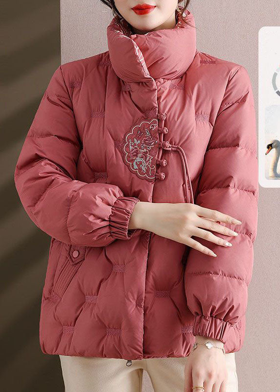 Pink Embroideried Stand Collar Duck Down Puffers Jackets Winter