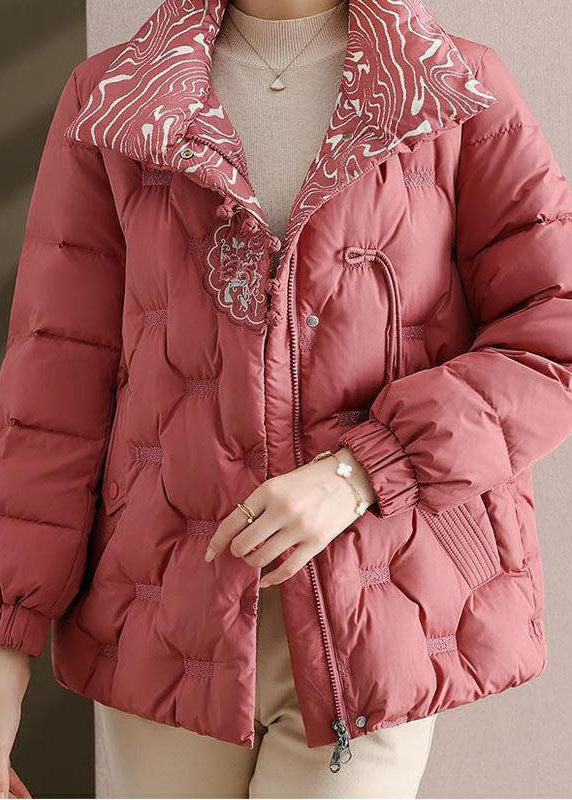 Pink Embroideried Stand Collar Duck Down Puffers Jackets Winter