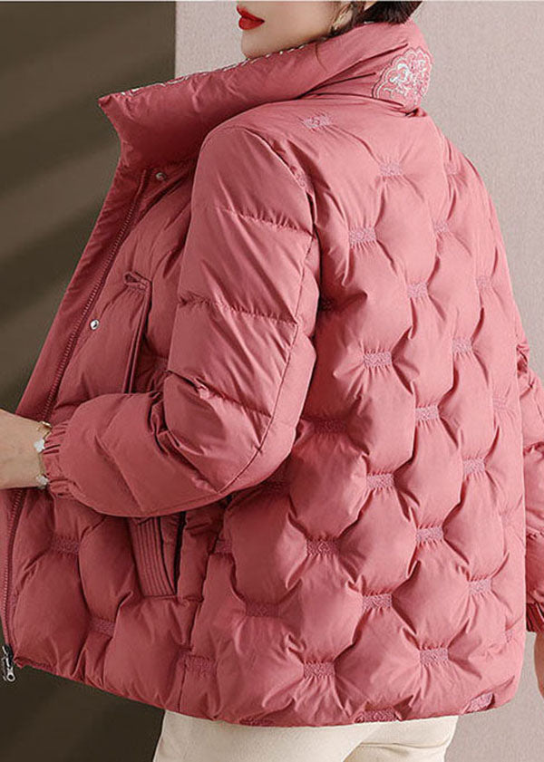 Pink Embroideried Stand Collar Duck Down Puffers Jackets Winter