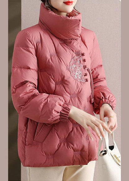 Pink Embroideried Stand Collar Duck Down Puffers Jackets Winter