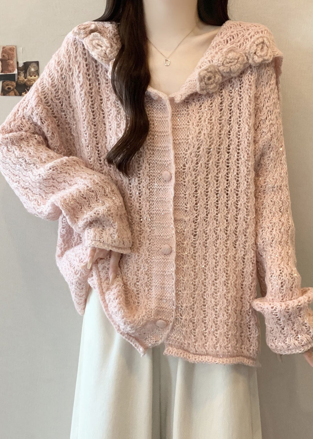 Pink Hollow Out Knitted Cardigan Fall