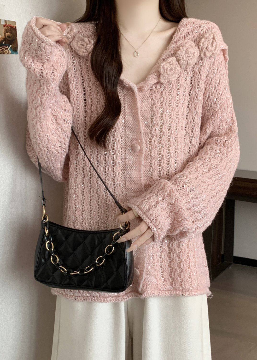 Pink Hollow Out Knitted Cardigan Fall