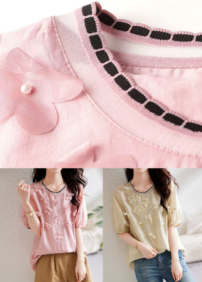Pink Knit Patchwork Chiffon Shirt Summer