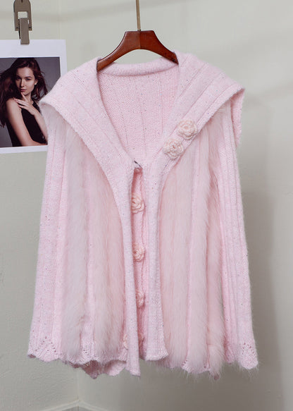 Pink Fox Fur Button Patchwork Knit Sweater