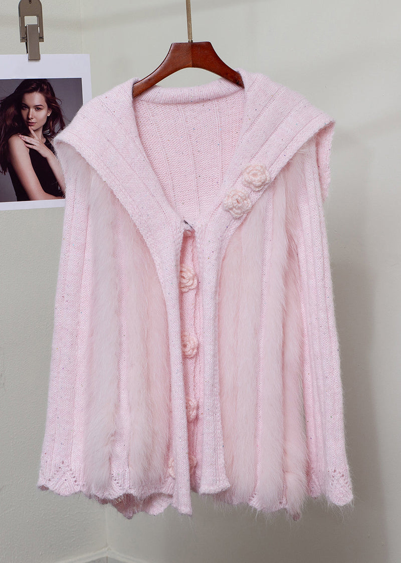 Pink Fox Fur Button Patchwork Knit Sweater
