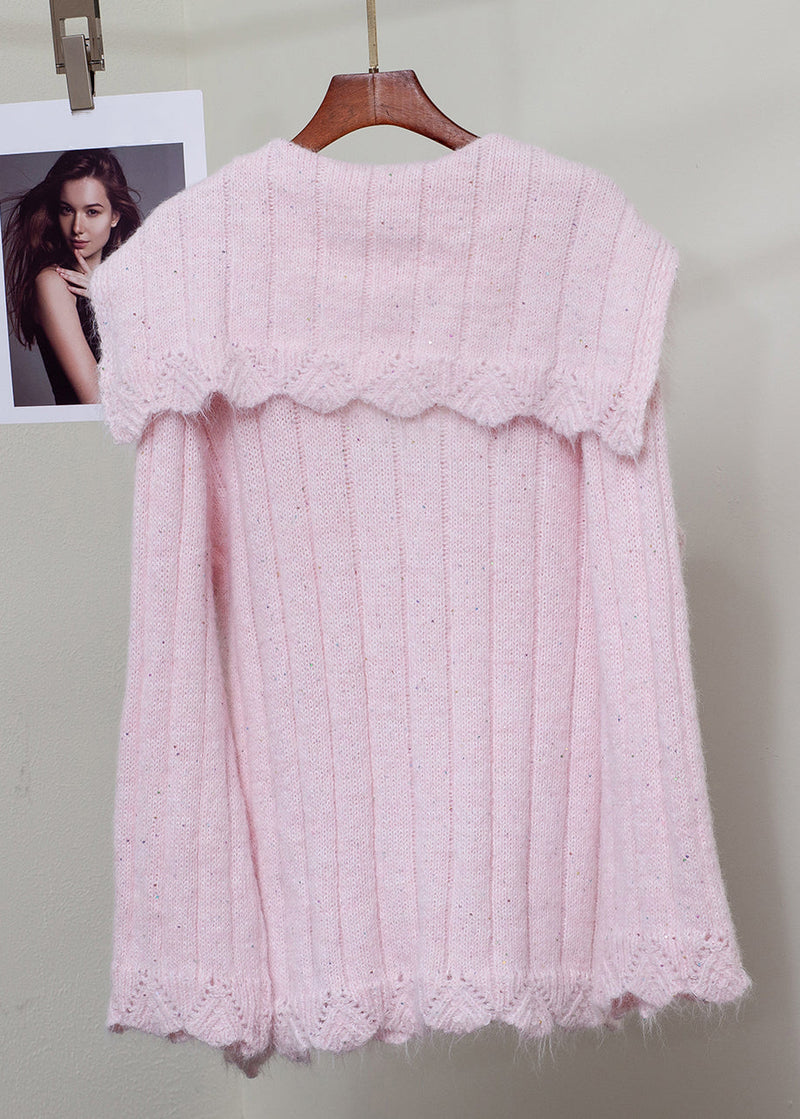 Pink Fox Fur Button Patchwork Knit Sweater