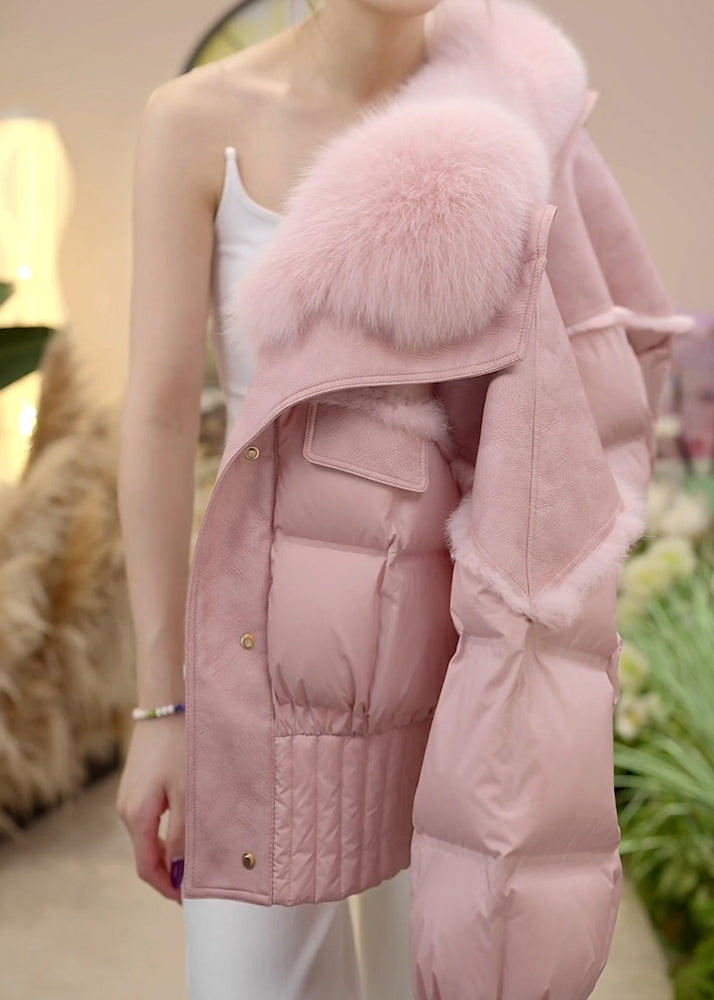 Pink Fur Collar Button Patchwork Duck Down Puffer Jacket Winter