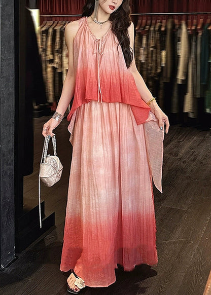 Pink Gradient Color Ruffled Linen Silk Long Dress Sleeveless