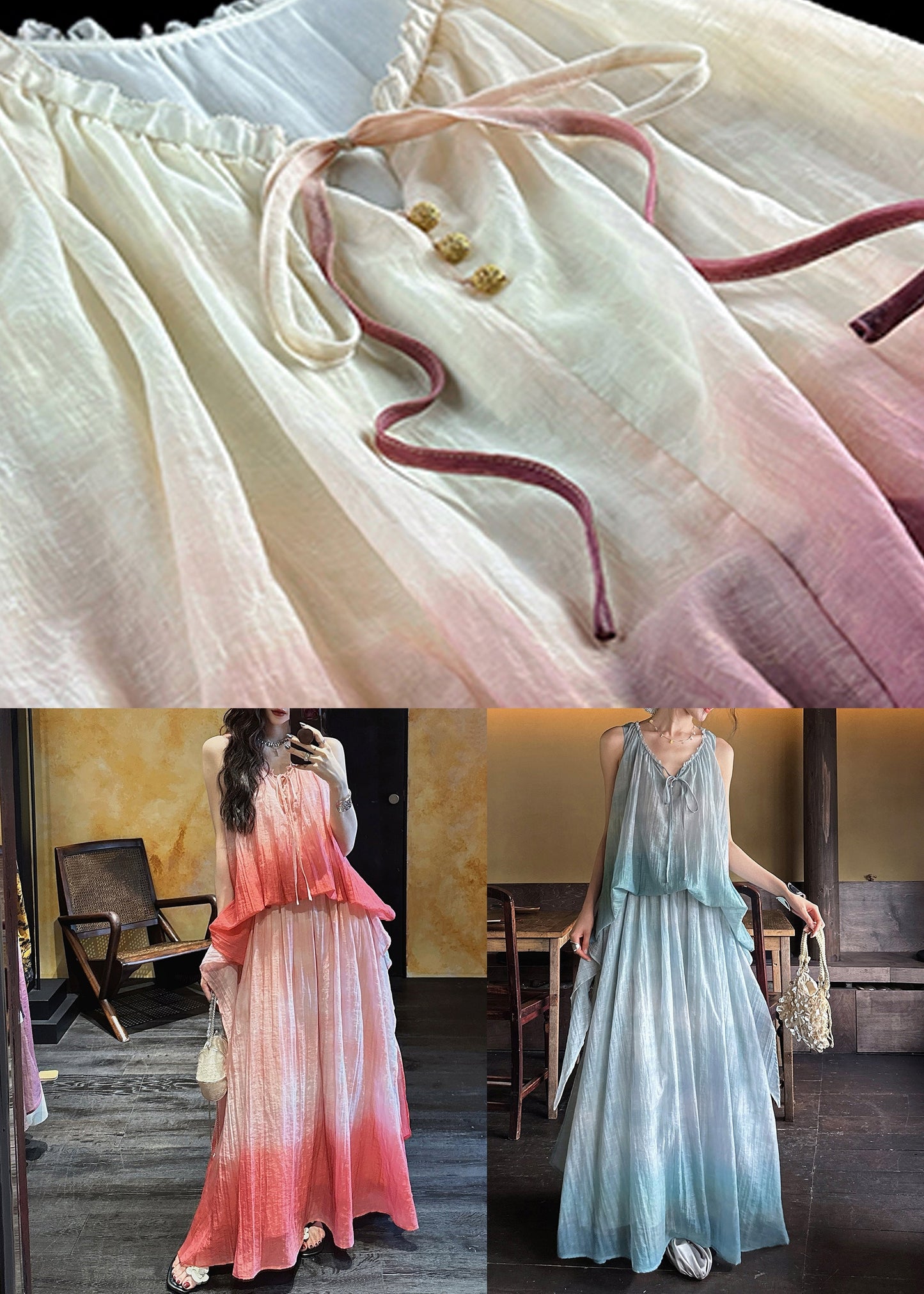 Pink Gradient Color Ruffled Linen Silk Long Dress Sleeveless
