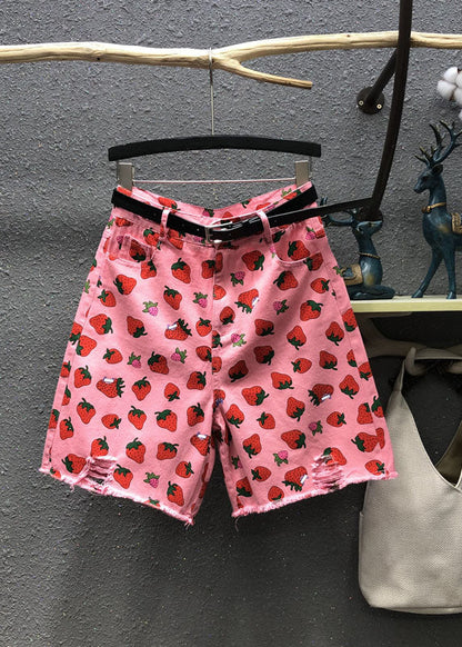 Pink High Waist Strawberry Print Patchwork Half Straight Pants