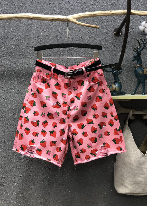 Pink High Waist Strawberry Print Patchwork Half Straight Pants