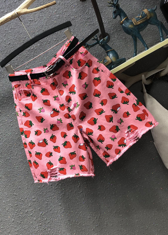 Pink High Waist Strawberry Print Patchwork Half Straight Pants