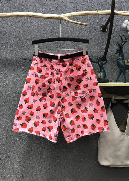 Pink High Waist Strawberry Print Patchwork Half Straight Pants
