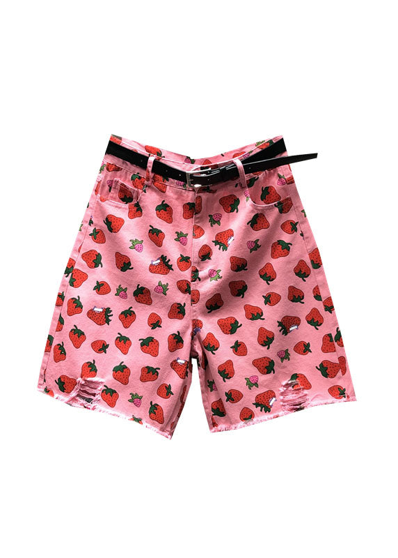 Pink High Waist Strawberry Print Patchwork Half Straight Pants