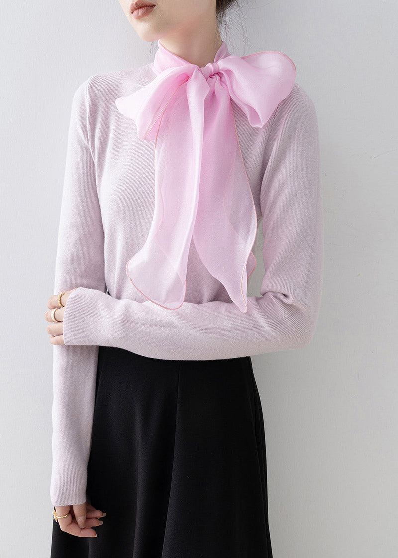 Pink Hign Neck Bow Slim Fit Knit Sweaters Spring