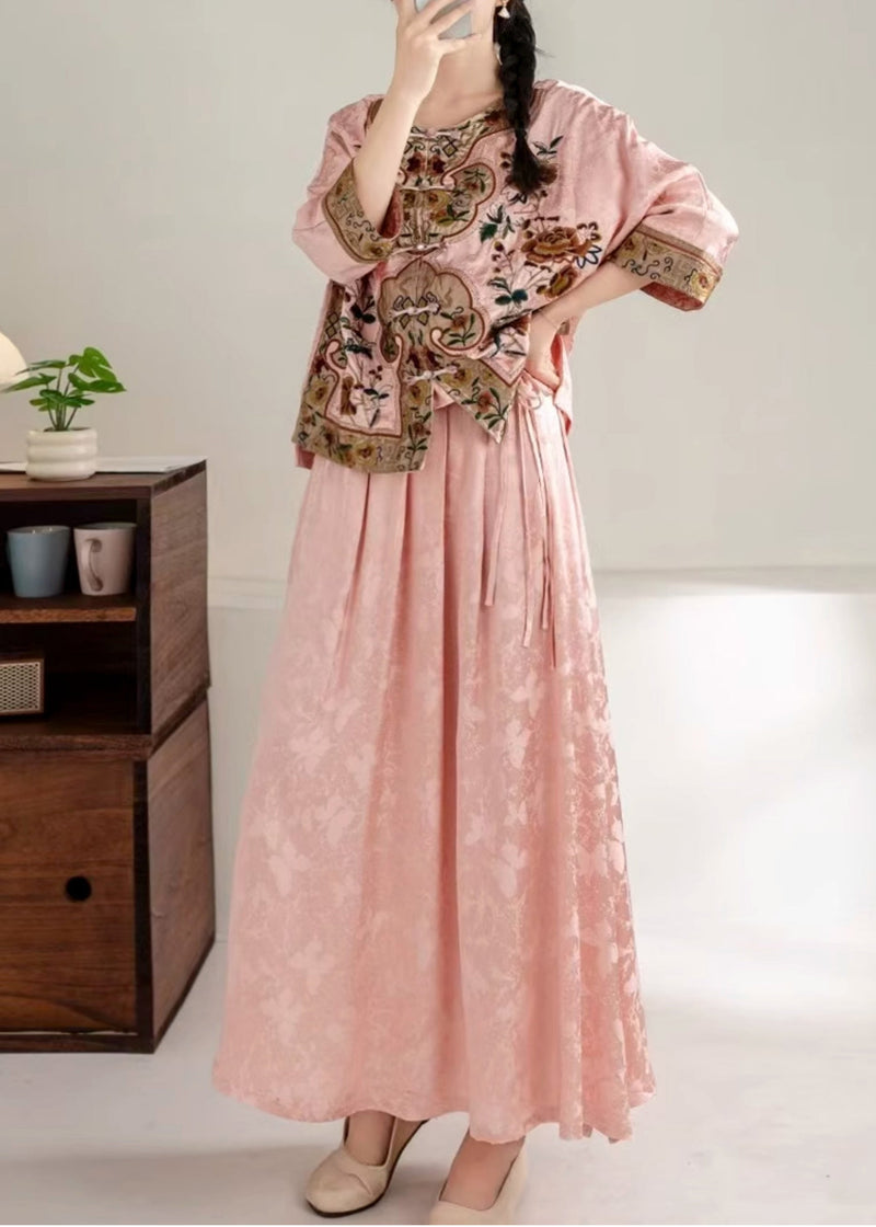 Pink Jacquard Exra Large Hem Silk Skirt Spring