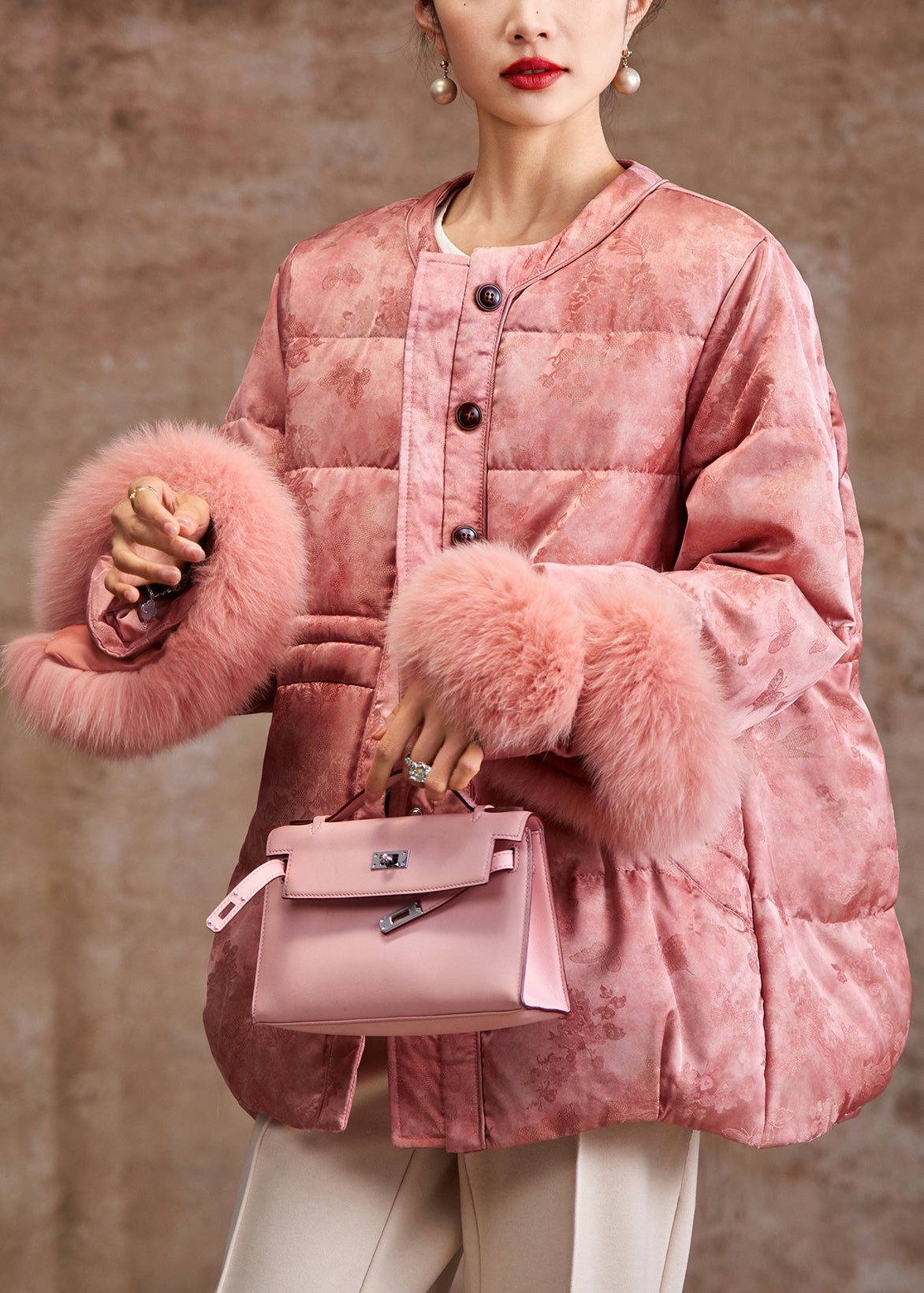 Pink Jacquard Patchwork Fox Hair Duck Down Silk Puffer Coat Winter
