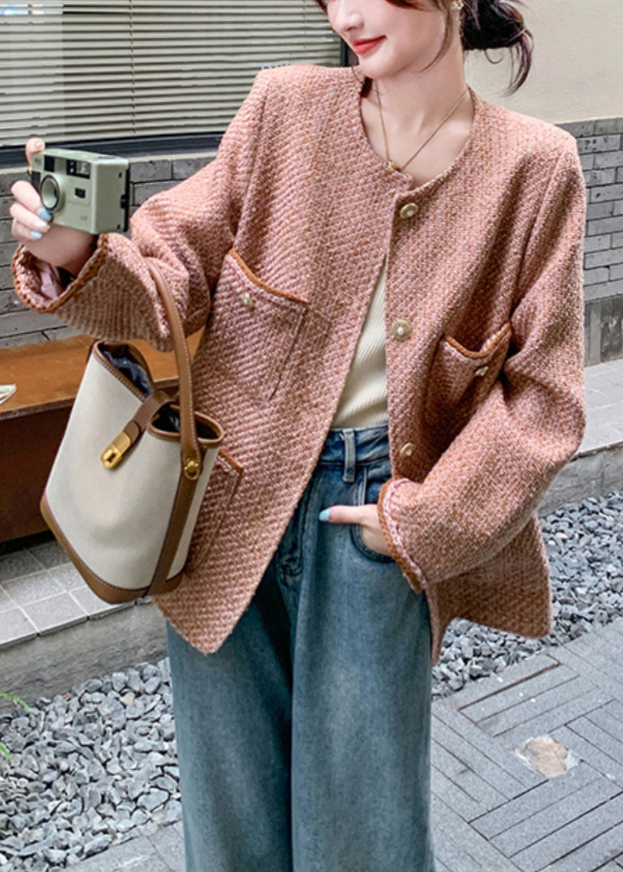 Pink O Neck Button Pockets Coat Spring