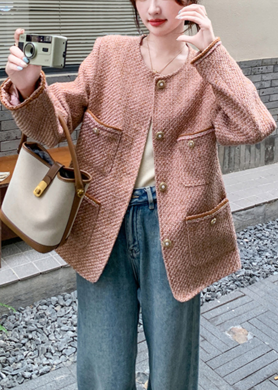 Pink O Neck Button Pockets Coat Spring