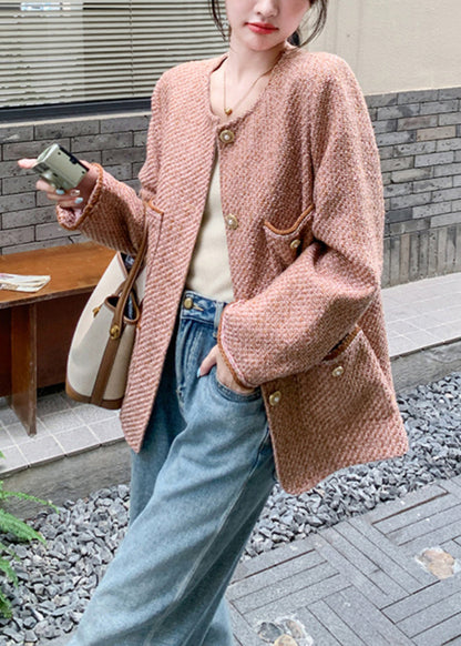 Pink O Neck Button Pockets Coat Spring