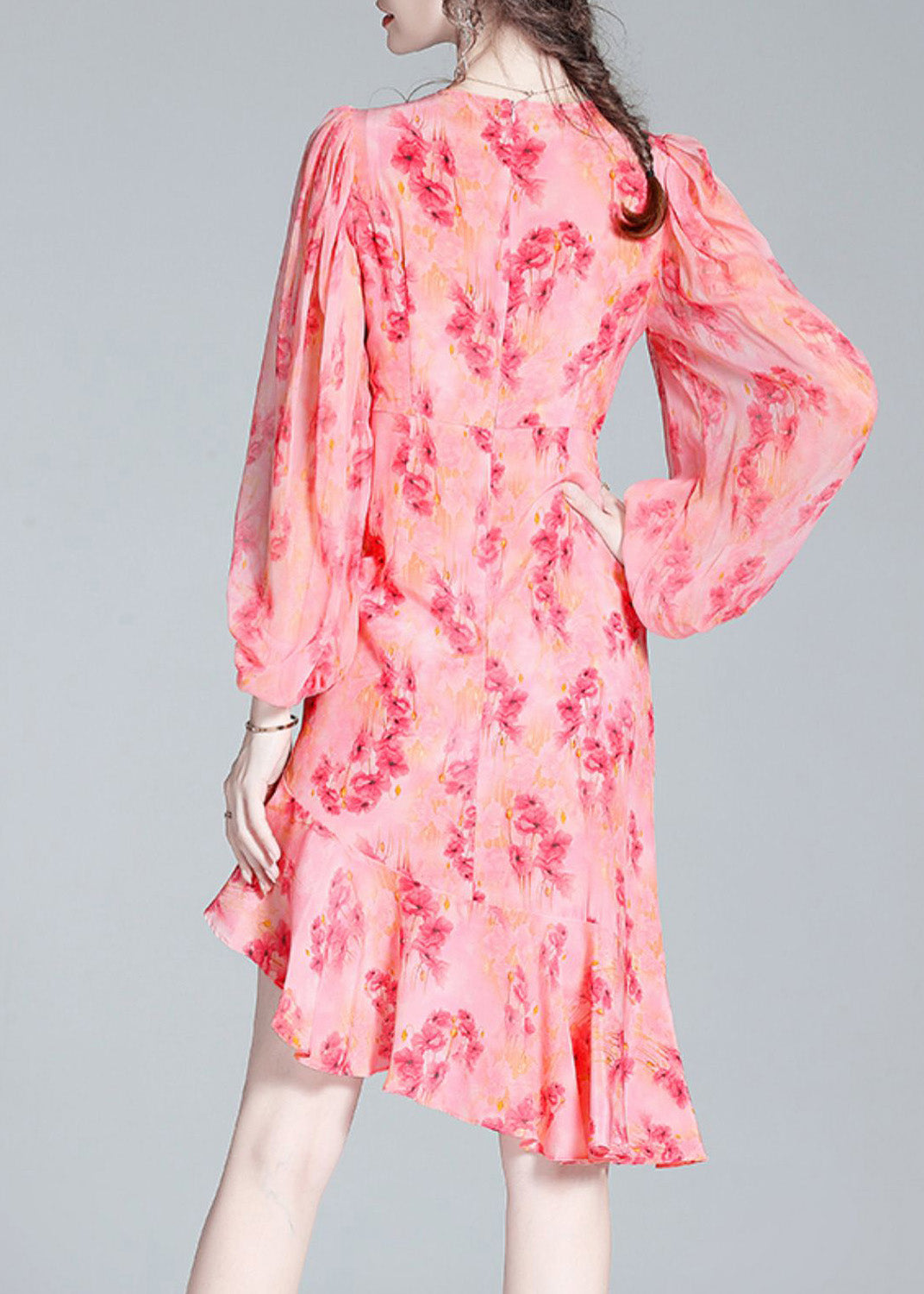 Pink O-neck Print Tunic Slim Vacation Long Dresses Lantern Sleeve