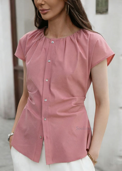 Pink O Neck Wrinkled Cotton Shirt Tops Summer