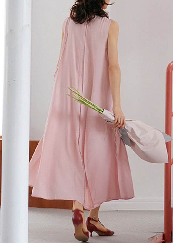 Pink O-neck Wrinkled Long a Line Dresses Sleeveless