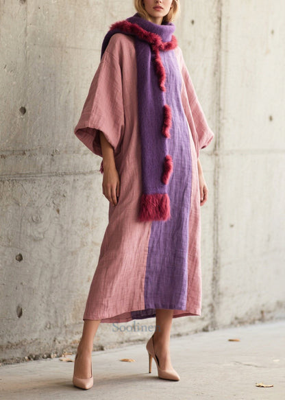 Pink Oversized Patchwork Cotton Robe Dresses Lantern Sleeve