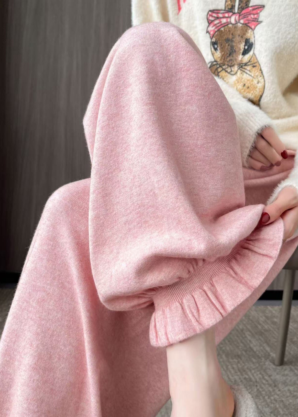 Pink Oversized Pockets Knit Pants Spring