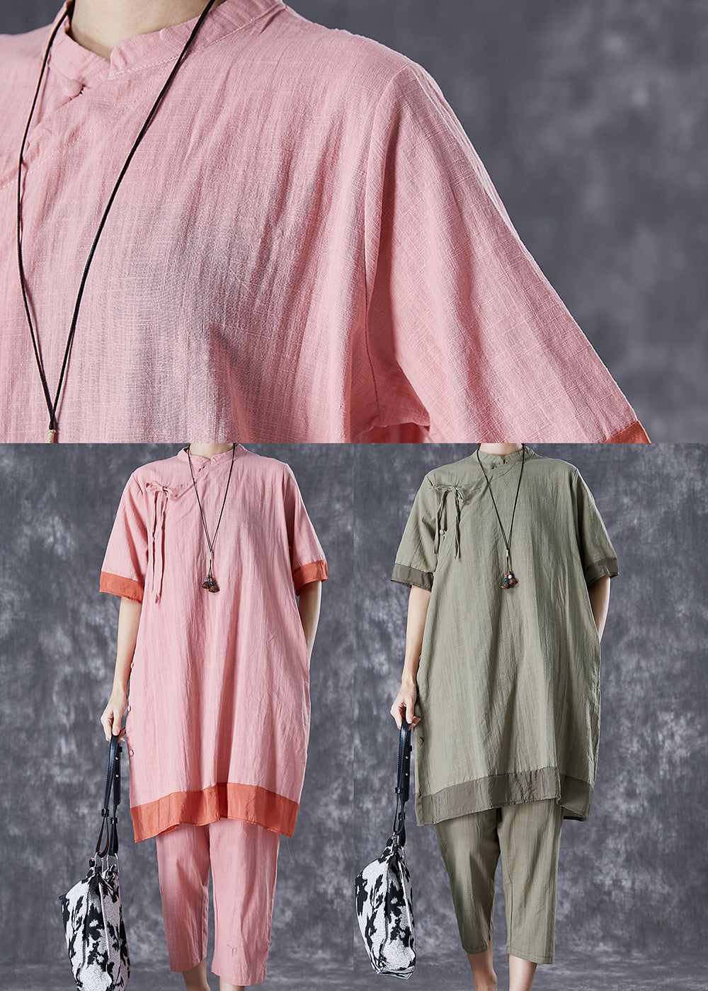 Pink Patchwork Lace Up Linen Dress and Pants Two Pieces Set Summer